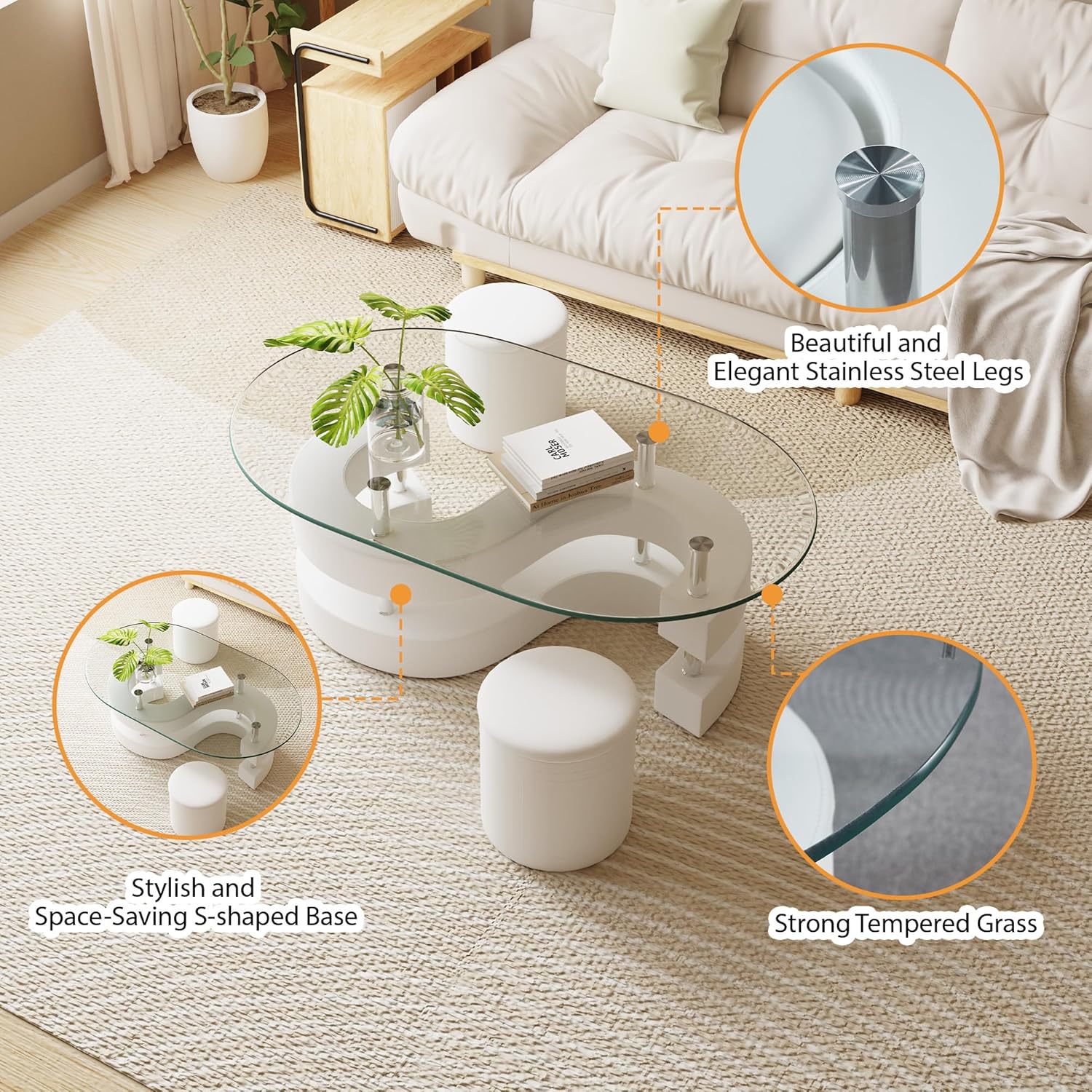 Oval Glass Coffee Table Set of 3, 0.39' Tempered Glass Top and S Shape Base, Modern Center Table with 2 Leather Stools, Accent Coffee Tables for Living Room Bedroom, White, 49.21'L x 27.56'W x 17.72'H