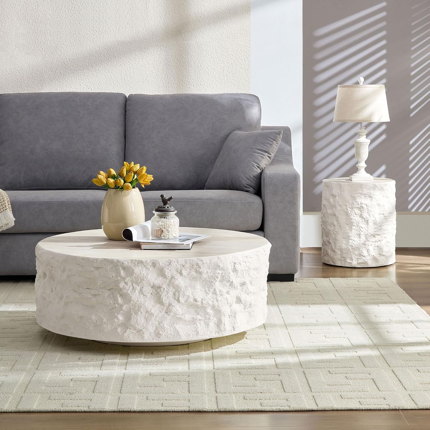 Round Coffee Table Set of 2 for Living Room Modern Drum Center Table Circle Side Tables for Apartment, No Need Assembly (Fiberglass 35.43'' &15.75'' Cement Stone Pattern)