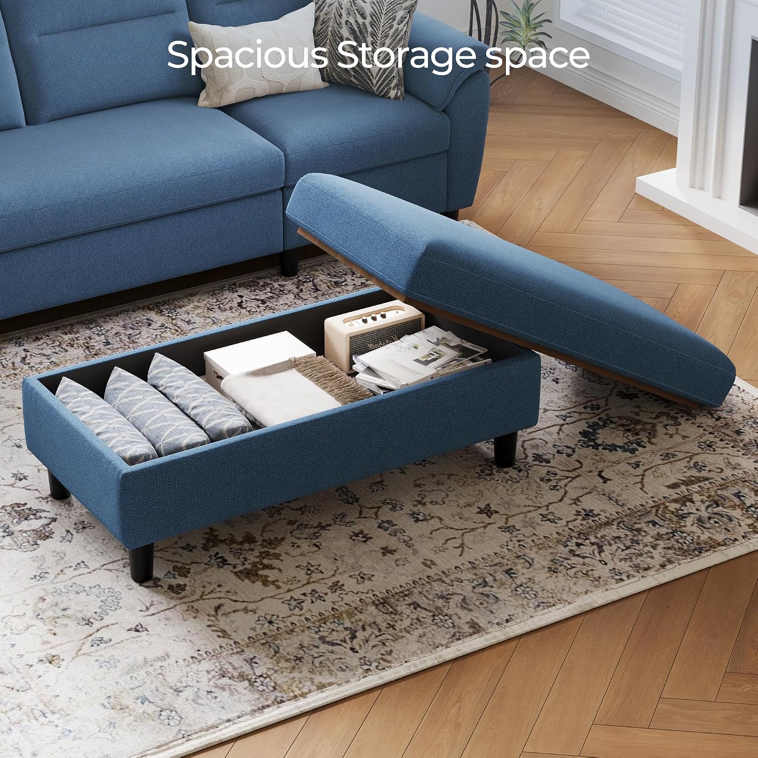 LINSY HOME 46 Inches Wide Storage Ottoman Bench, Linen Coffee Table Long Shoes Bench Footstool, Storage Chest, Foot Rest Stool, for The Living Room, Entryway and Family Room (Blue)