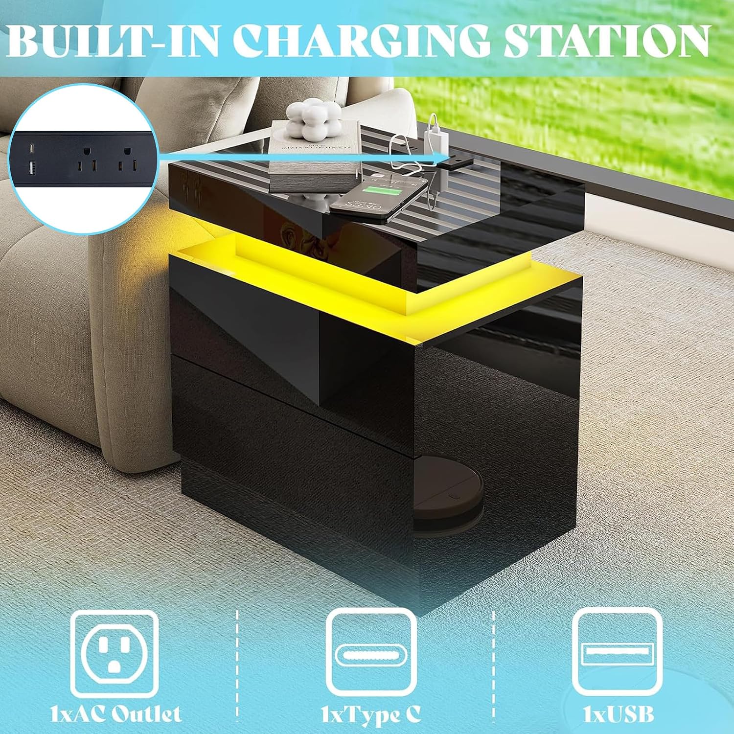 AMERLIFE High Gloss LED Nightstand Set of 2 with Charging Station, Modern Bedside Table Night Stand with LED Lights, Sofa End Side Tables with Drawers for Bedroom Living Room, Black