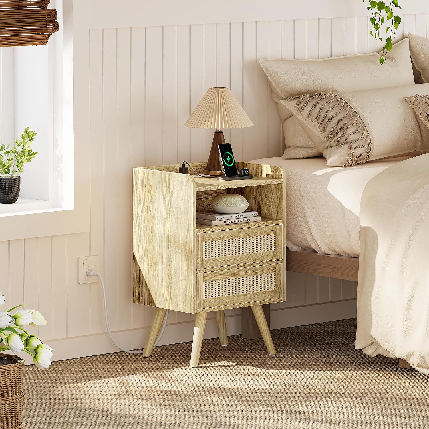 SUPERJARE 2 Drawer Night Stand with Charger Station, Boho Rattan Nightstand Set of 2, 25.2 Inch Tall Bed Side Table with Solid Wood Feet, End Table, Open Storage, Synthetic Rattan, for Dorm, Natural