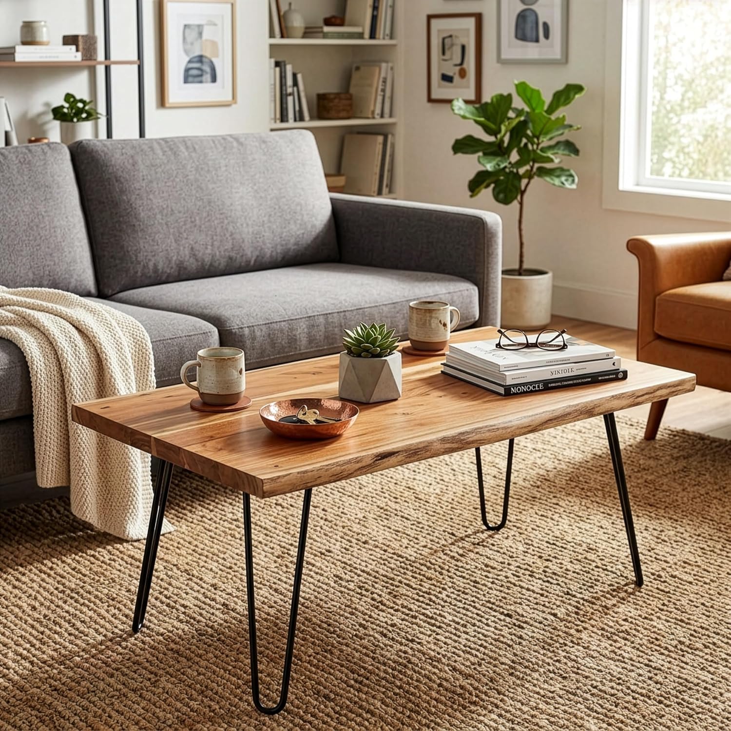 Alaterre Furniture Live Edge Wood Coffee Table with Hairpin Metal Legs – Rustic Modern Farmhouse Living Room Table with Acacia Wood Top (42 Inch)