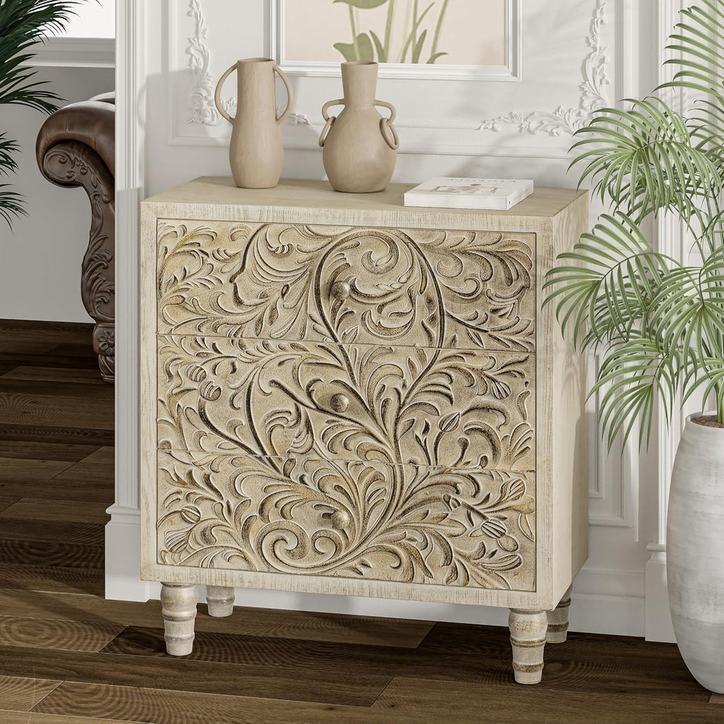 3 Drawer Farmhouse Dresser with Embossed Weathered Flower Motif, Vintage Nightstand for Bedroom, Almost Fully-Assembled, Boho, Weathered White