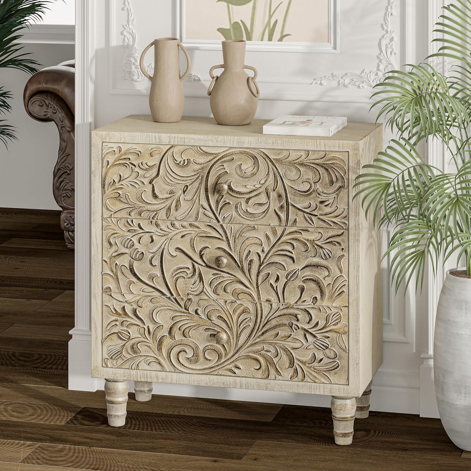 3 Drawer Farmhouse Dresser with Embossed Weathered Flower Motif, Vintage Nightstand for Bedroom, Almost Fully-Assembled, Boho, Weathered White