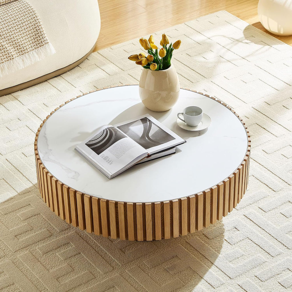 Round Coffee Table 35.43'' Circle Sintered Stone Tabletop Modern Wood Fluted Coffee Table for Living Room Apartment, Easy Assembly, Oak