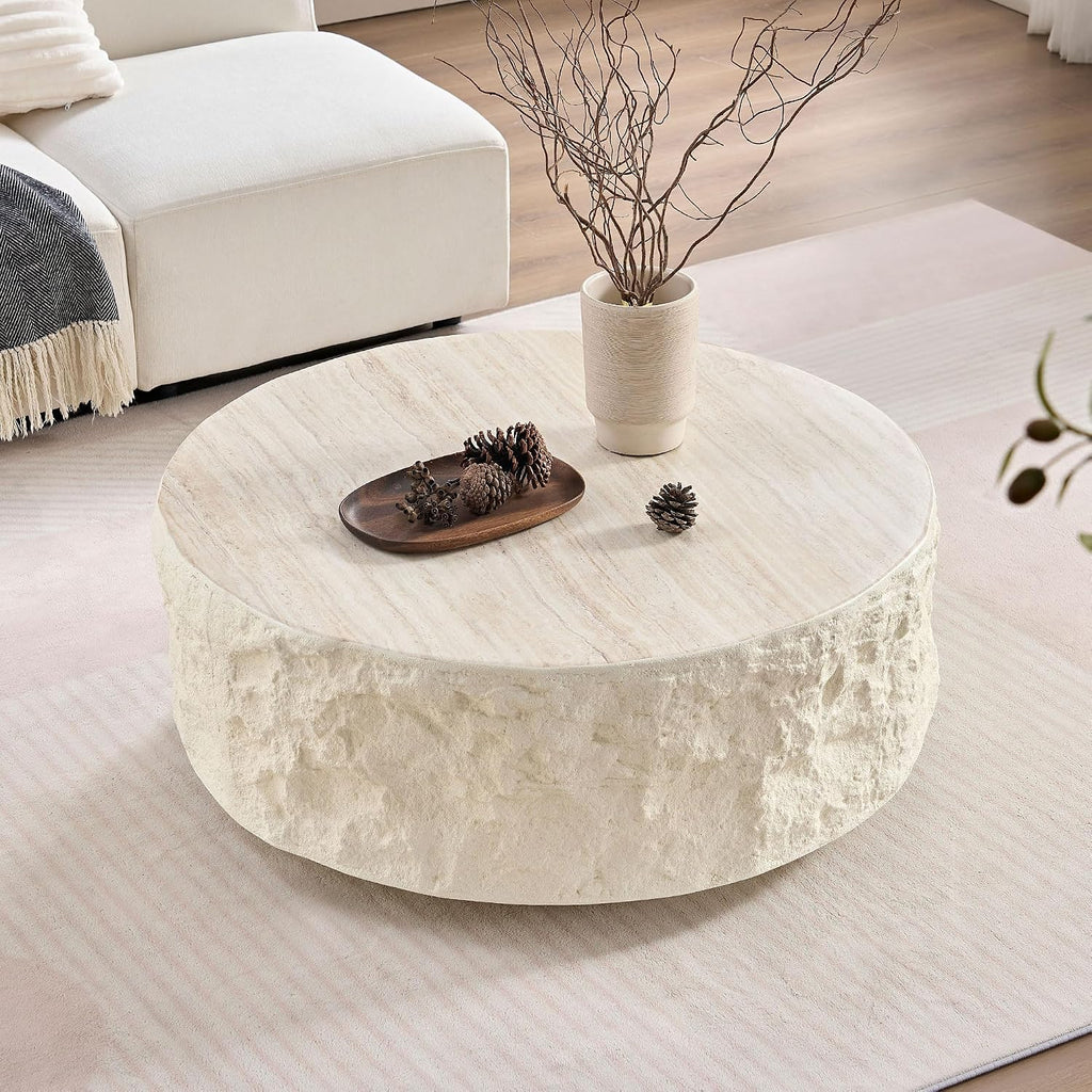 Round Coffee Table for Living Room Circle Coffee Table Modern Drum Center Table for Apartment, No Need Assembly (Fiberglass 35.43'' Cement Stone Pattern) | for Living Room