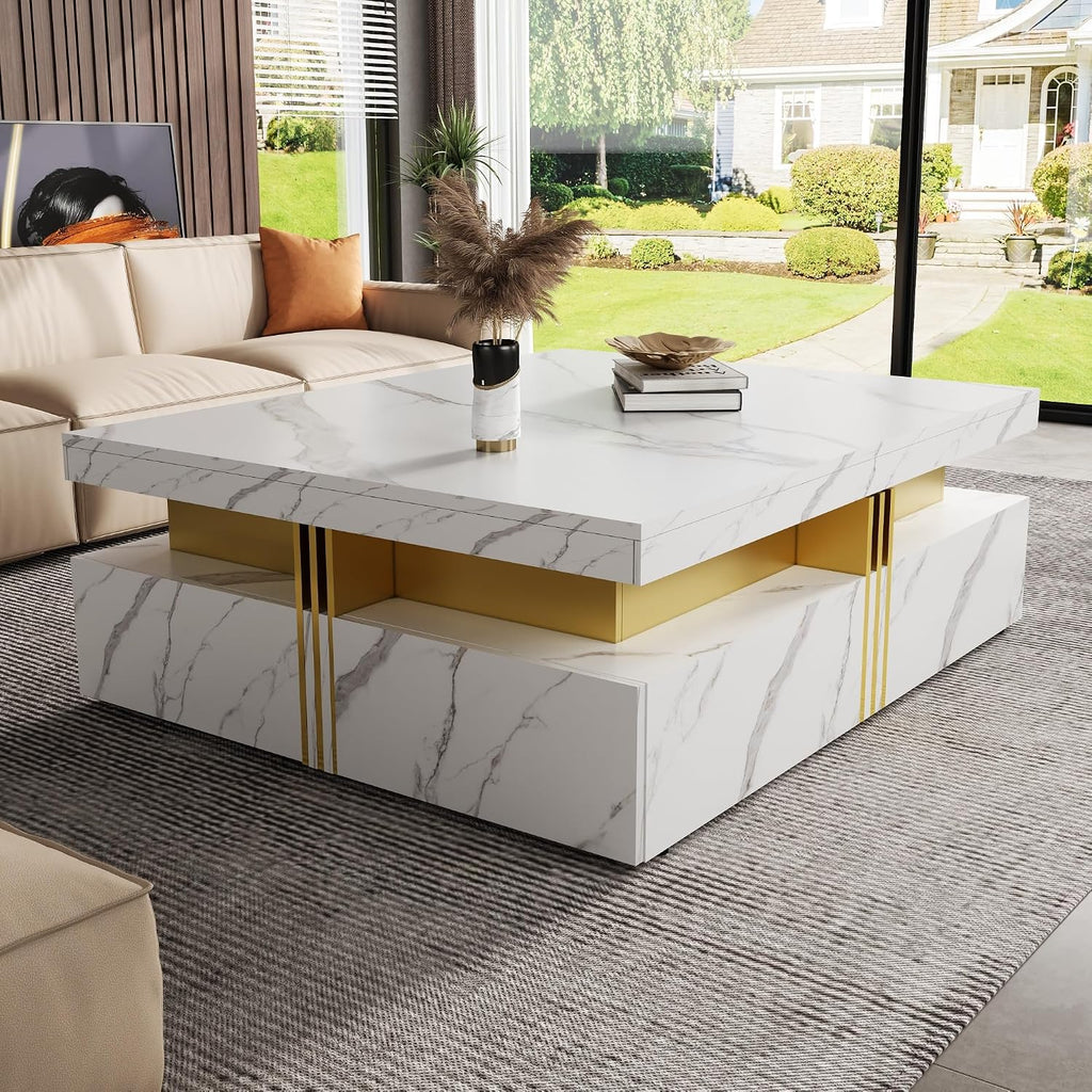 Merax 43.3' Modern Square Storage Coffee Table with 4 Drawers, with Marbling Gold Accents, Functional Center Tables for Living Room Apartment, White