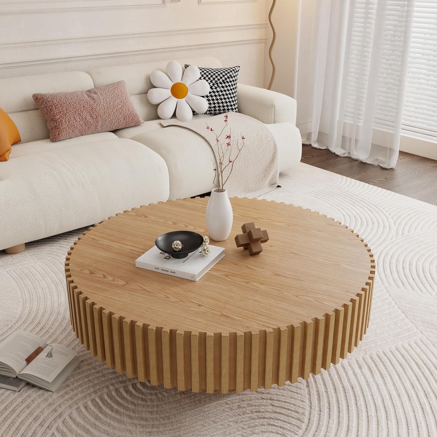 39.4' Oak Round Coffee Table Wood, Modern Drum Fluted Circle Coffee Table for Living Room, Contemporary Low Center Table Side Table for Apartment, Farmhouse, Office, mesa de Cafe, Natural Ash