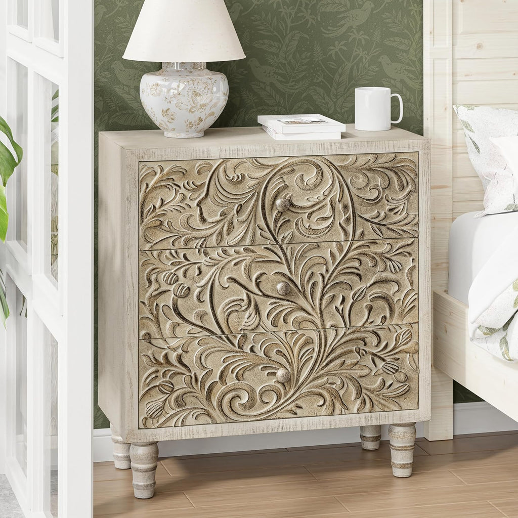 3 Drawer Farmhouse Dresser with Embossed Weathered Flower Motif, Vintage Nightstand for Bedroom, Almost Fully-Assembled, Boho, Weathered White