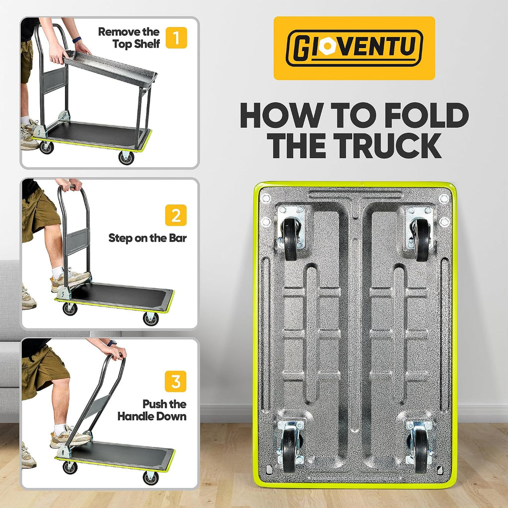 Heavy Duty Push Cart Dolly (700 lbs), Foldable Platform Hand Truck Made with High-Strength Steel, 2 Tier Design, Moving Flatbed Cart with Wheels for Warehouse, Garage, Workshop, Office