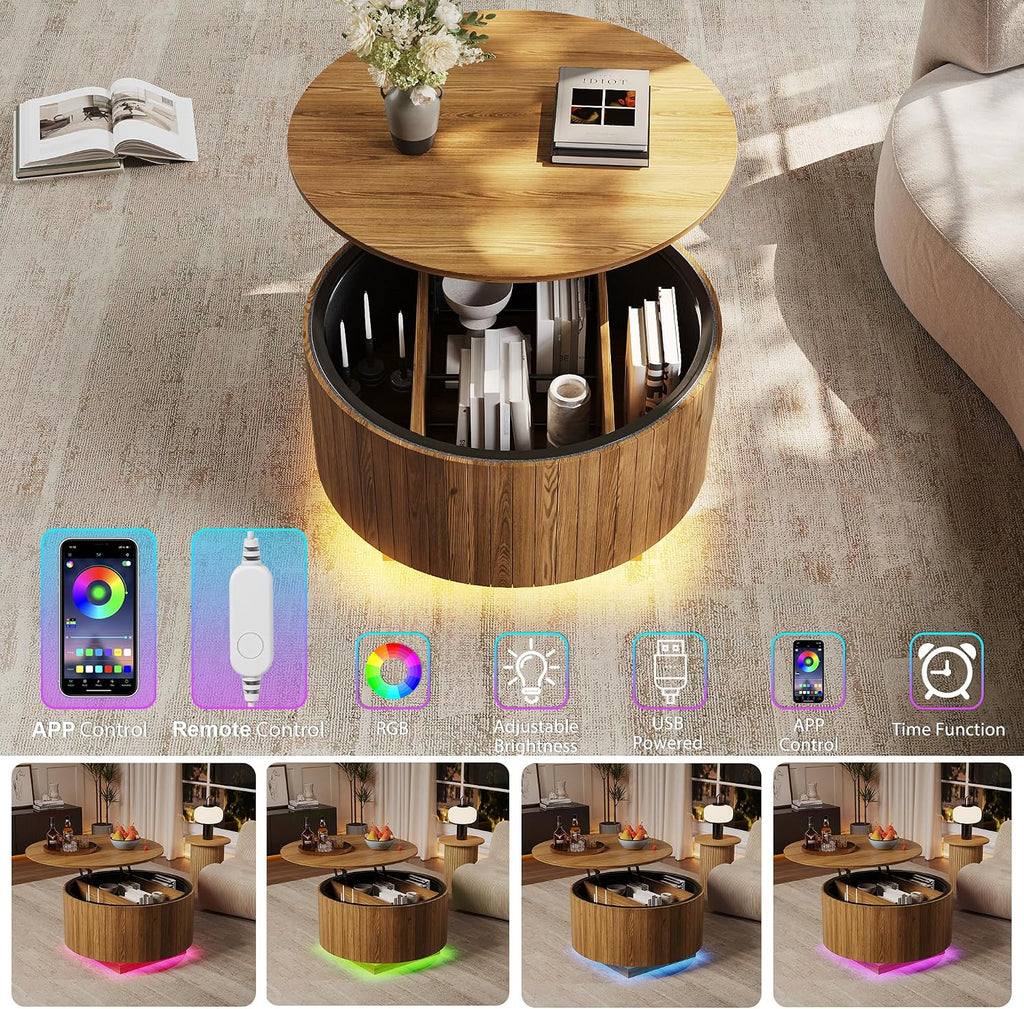 kepptory Round Lift Top Coffee Table with LED Lights, Mid Century Modern Wooden Coffee Tables with 3 Storage Space, Circle Center Table for Living Rooms,Dining Room,Bedroom Home Office,APP LED Lights