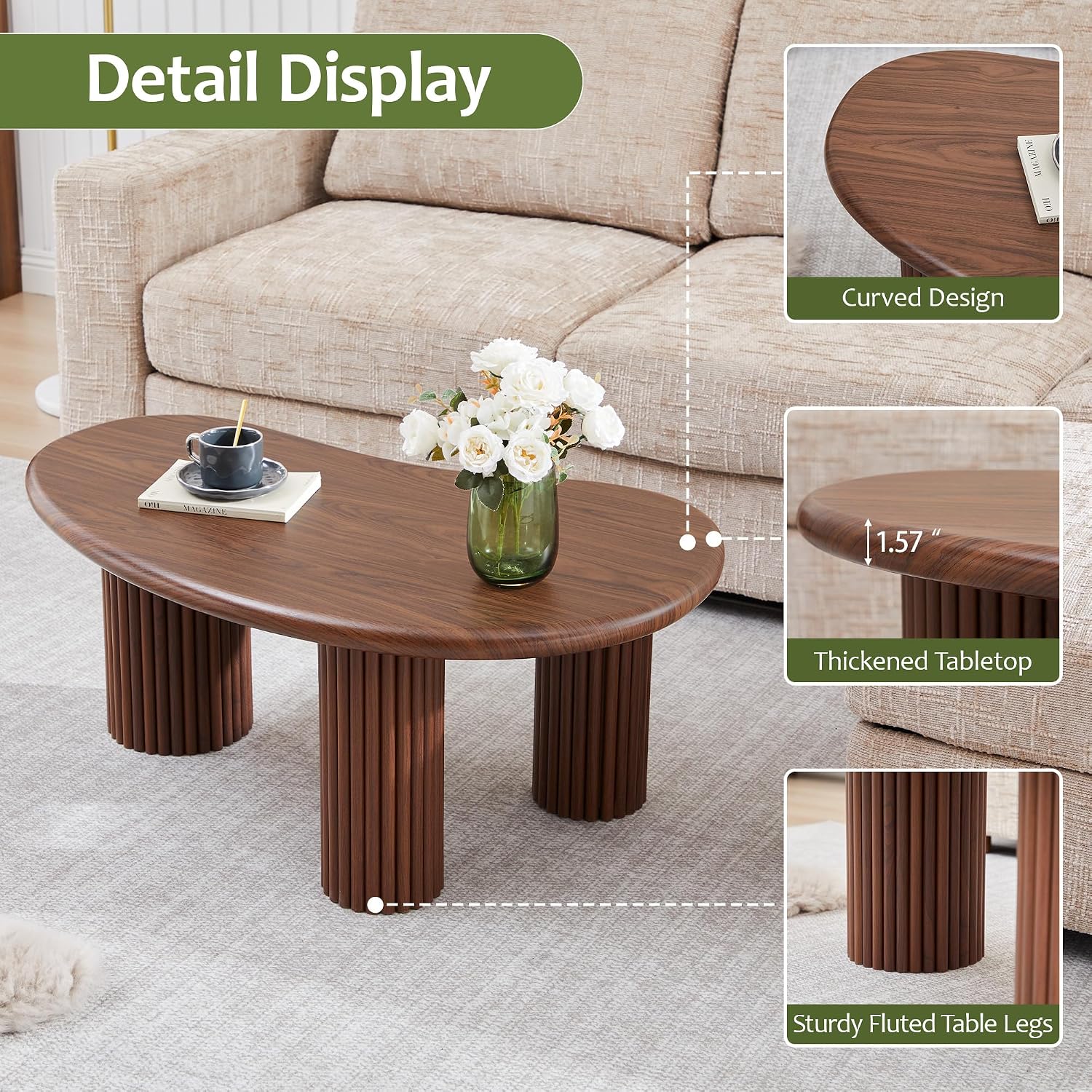 Fluted Coffee Table, 39'' Farmhouse Coffee Tables for Living Room, Low Wood Accent Center Table Small Tea Table with Sturdy Base & Rounded Corners for Small Space Home Office (Walnut)