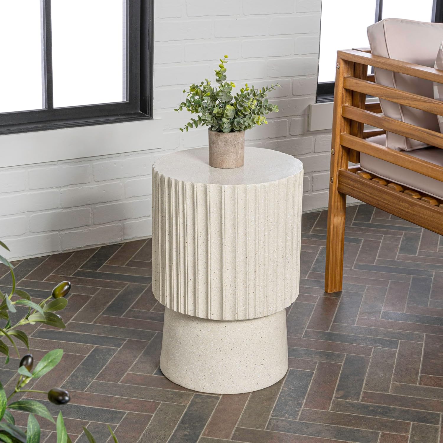 JONATHAN Y TBL1102B Louisa 19' Modern Art Deco Tambour Indoor/Outdoor Accent Table Art Deco, Minimalist, Contemporary, Bohemian, Mid-Century, Patio, Garden, Bathroom,Living Room, Cream Terrazzo Finish