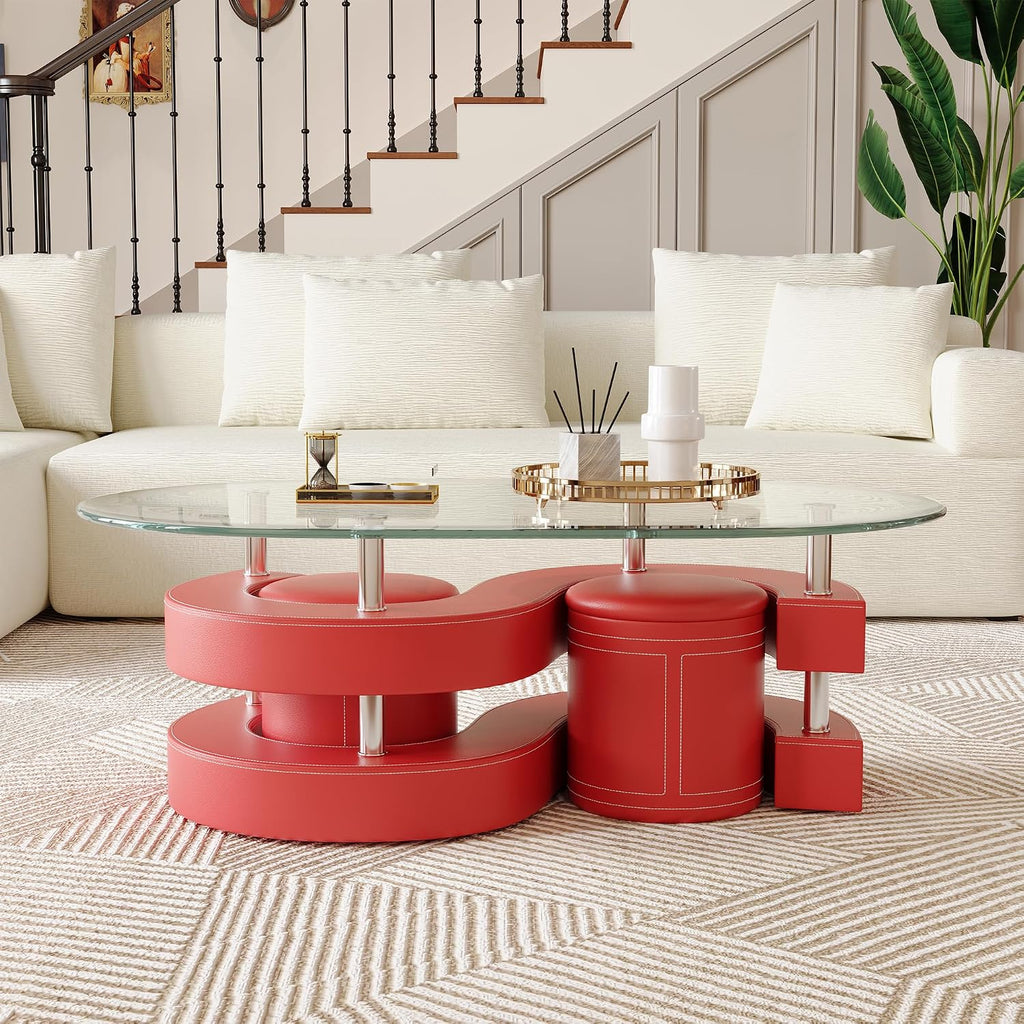 Oval Glass Coffee Table Set of 3, 0.39' Tempered Glass Top and S Shape Base, Modern Coffee Table with 2 Leather Stools, Accent Coffee Table for Living Room Bedroom, Red