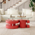 Oval Glass Coffee Table Set of 3, 0.39' Tempered Glass Top and S Shape Base, Modern Coffee Table with 2 Leather Stools, Accent Coffee Table for Living Room Bedroom, Red