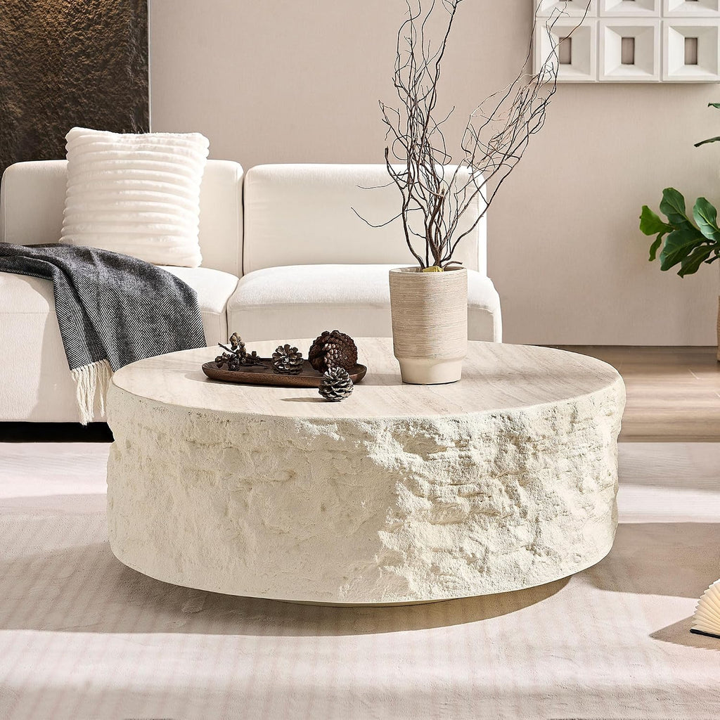 Round Coffee Table for Living Room Circle Coffee Table Modern Drum Center Table for Apartment, No Need Assembly (Fiberglass 35.43'' Cement Stone Pattern) | for Living Room
