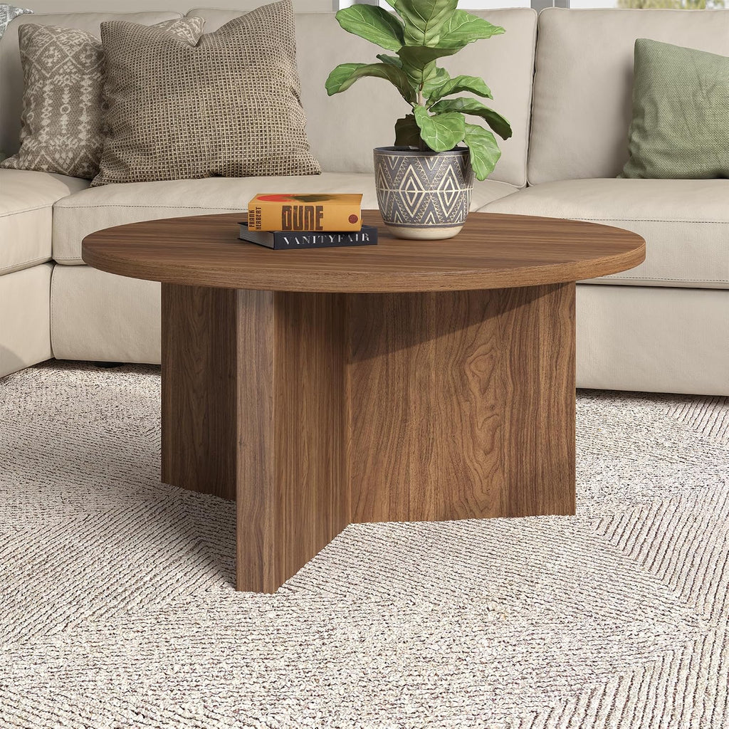 Henn&Hart 32' Round Wood Pedestal Coffee Table for Living Room, Family Room, Office, or Apartment, Medium Walnut