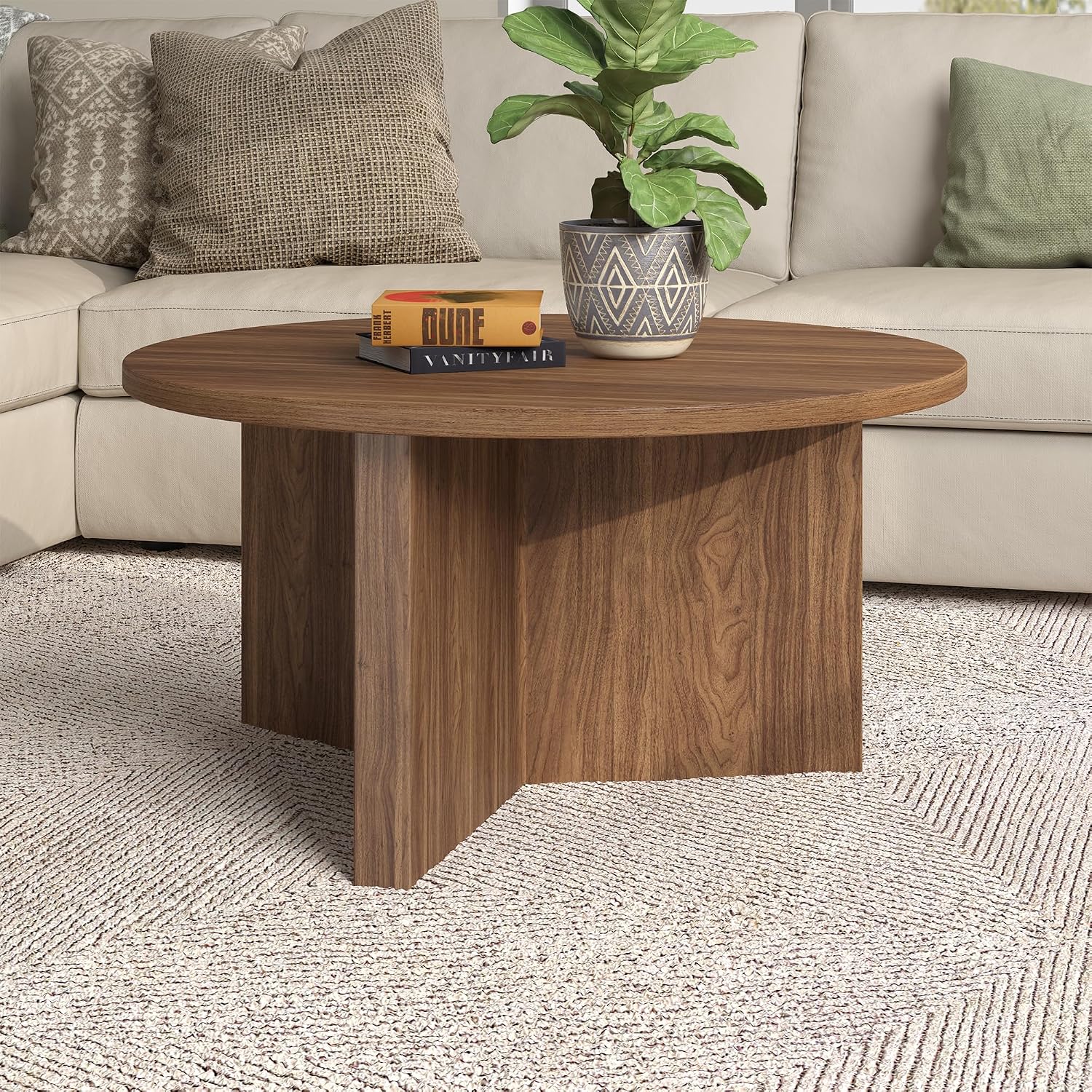 Henn&Hart 32' Round Wood Pedestal Coffee Table for Living Room, Family Room, Office, or Apartment, Medium Walnut