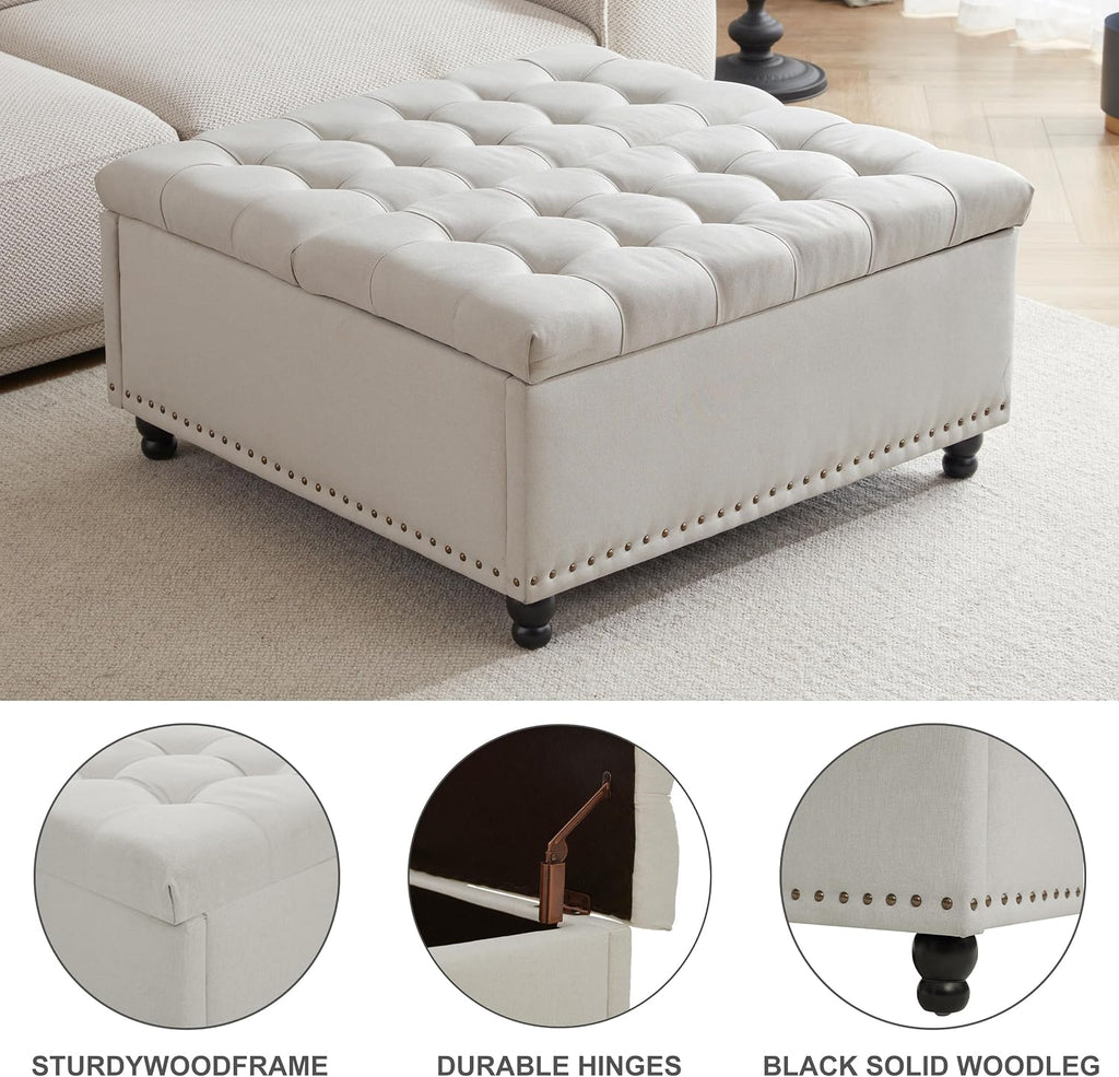 Tbfit Large Square Storage Ottoman Bench, Tufted Upholstered Coffee Table with Lift Top & Solid Wood Legs, Oversized Storage Ottomans Toy Box for Living Room (Beige)