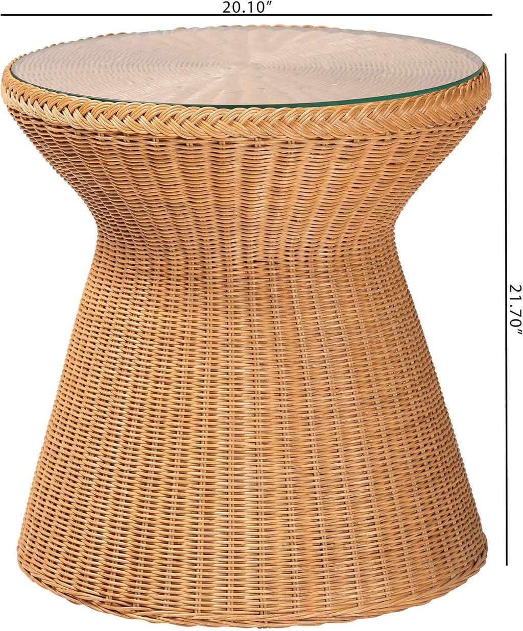 Bali & pari Nina Handwoven Rattan Hourglass Side Table with Glass Top – Boho Wicker Accent Table, Natural Fiber Round End Table for Living Room or Patio