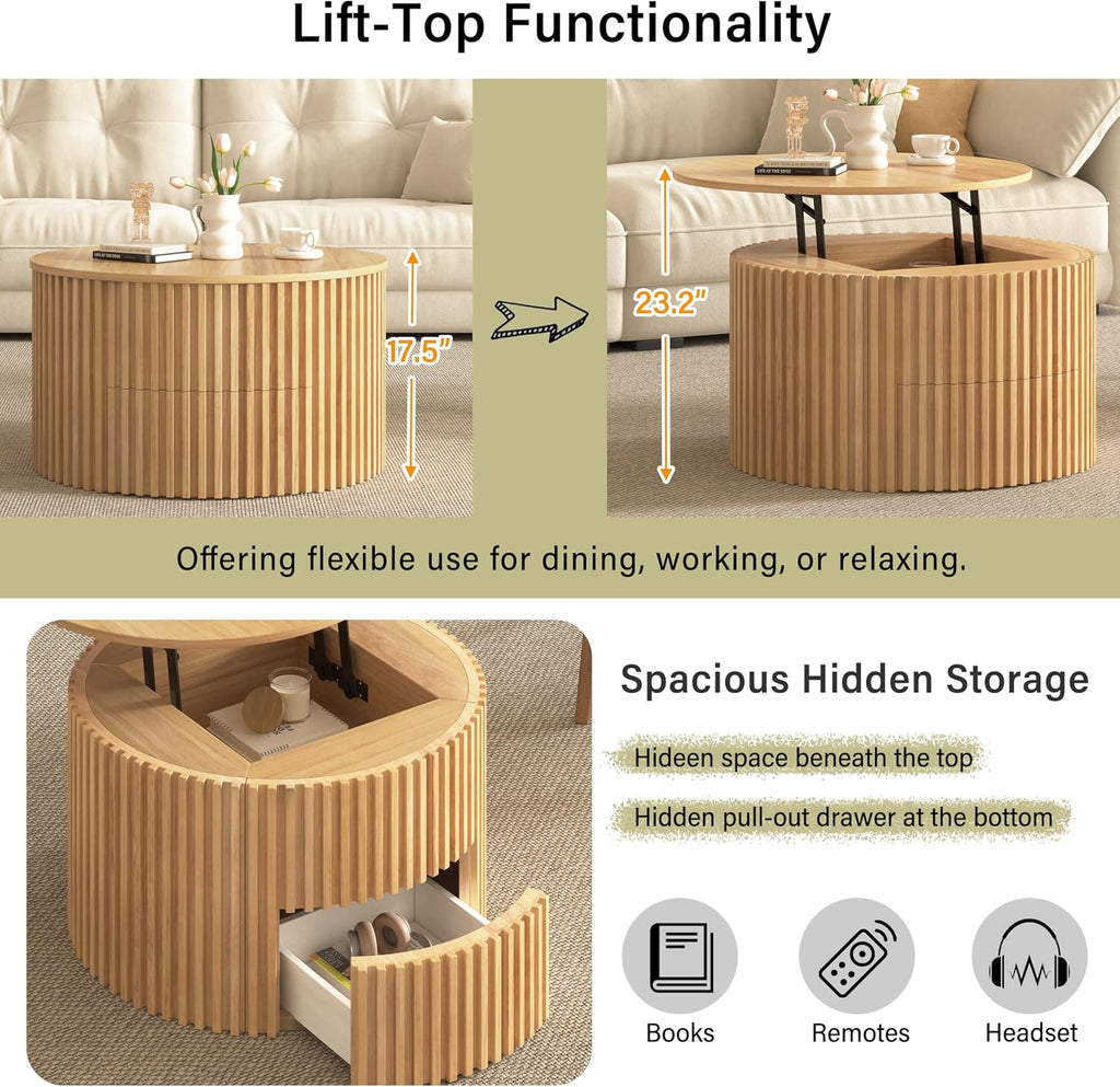 Round Lift Top Coffee Table, 29.8' Modern Fluted Wood Circle Table with Hidden Storage Drawer, Natural Solid Wood & MDF Cylinder Side Table for Living Room Bedroom Small Space