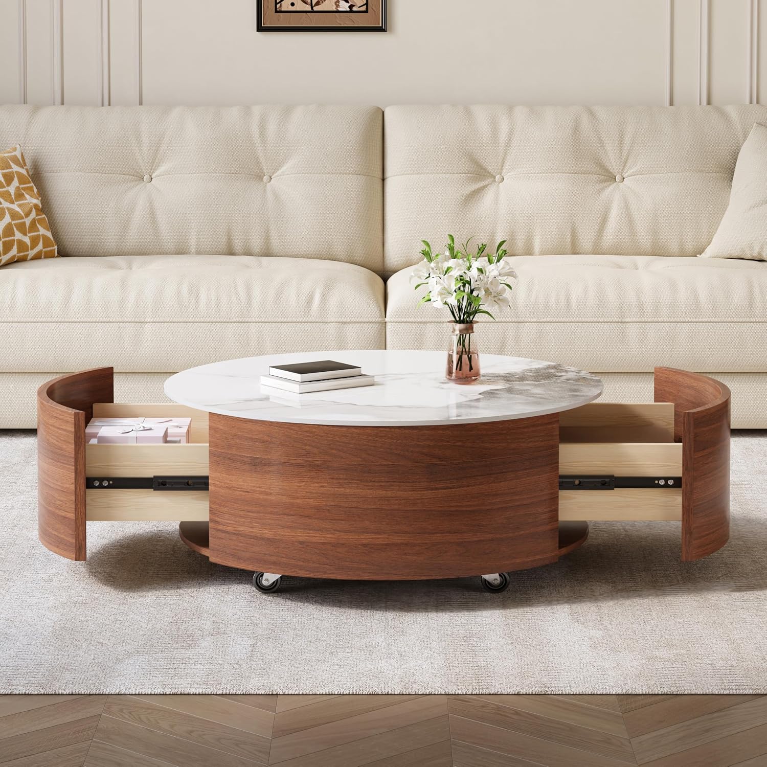 Merax 29.5' Round Coffee Table for Living Room, Movable Accent Table with Casters and 2 Storage Drawers, Marble Pattern Sintered Stone Top, Walnut