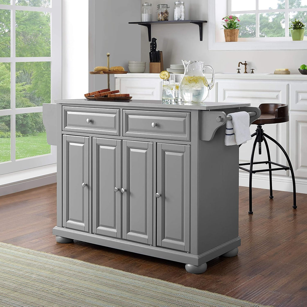 Crosley Furniture Alexandria Stainless Steel Top Rolling Kitchen Island Storage Cart, Microwave Stand, Gray