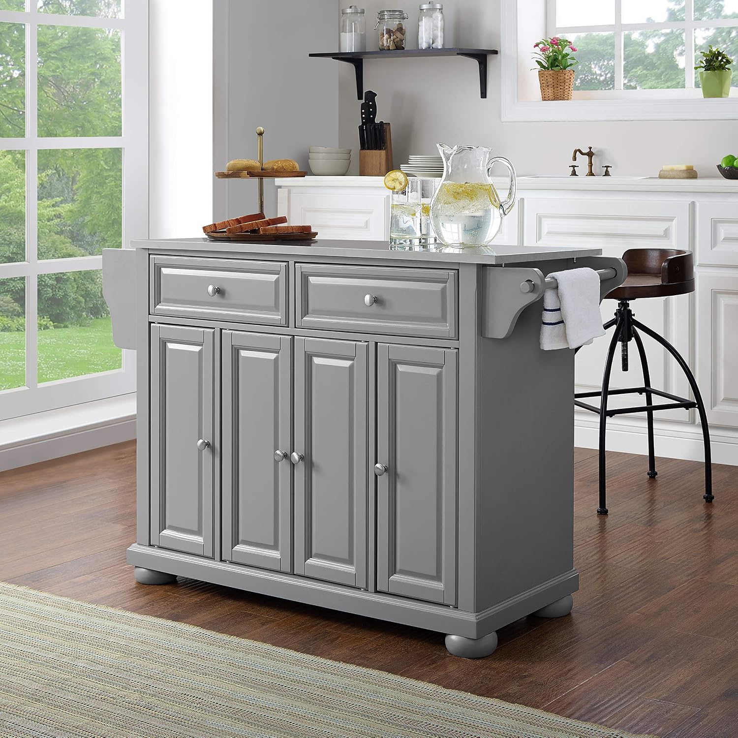 Crosley Furniture Alexandria Stainless Steel Top Rolling Kitchen Island Storage Cart, Microwave Stand, Gray