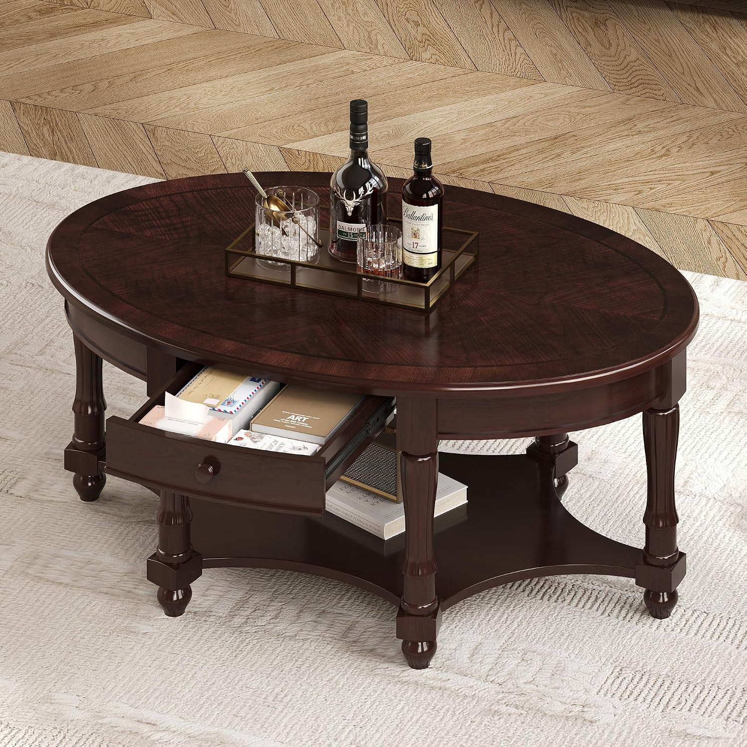 Merax 45' Vintage Oval Rubber Wood Coffee Table with Drawer and Storage Shelf, Antique Cocktail Tables, French Country Accent for Living Room, Walnut