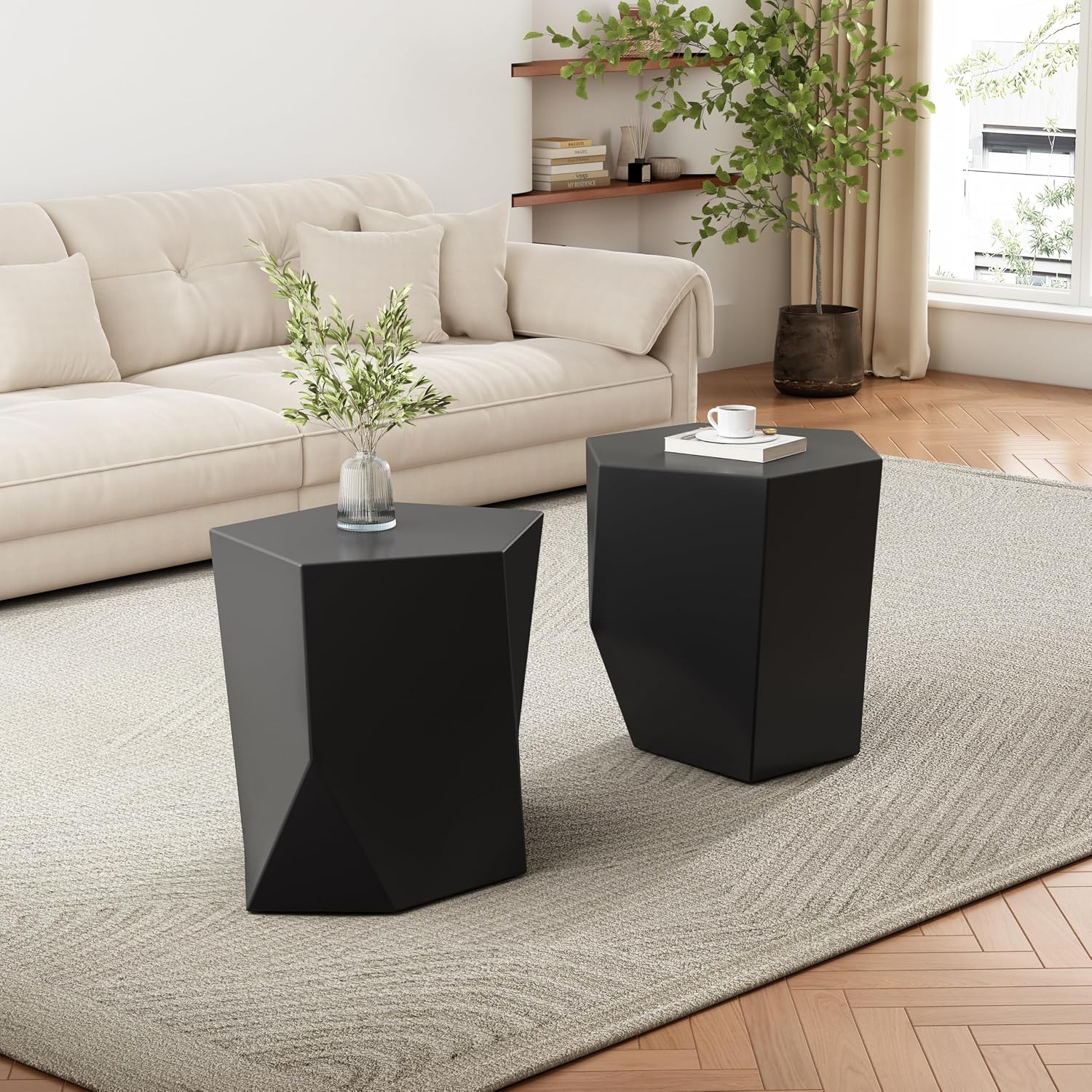 WILLIAMSPACE 30.25' Black Nesting Coffee Table Set of 2, Modern Irregular Center Tables for Living Room, Magnesium Oxide Accent Side Table for Indoor & Outdoor, No Need Assembly (Black)
