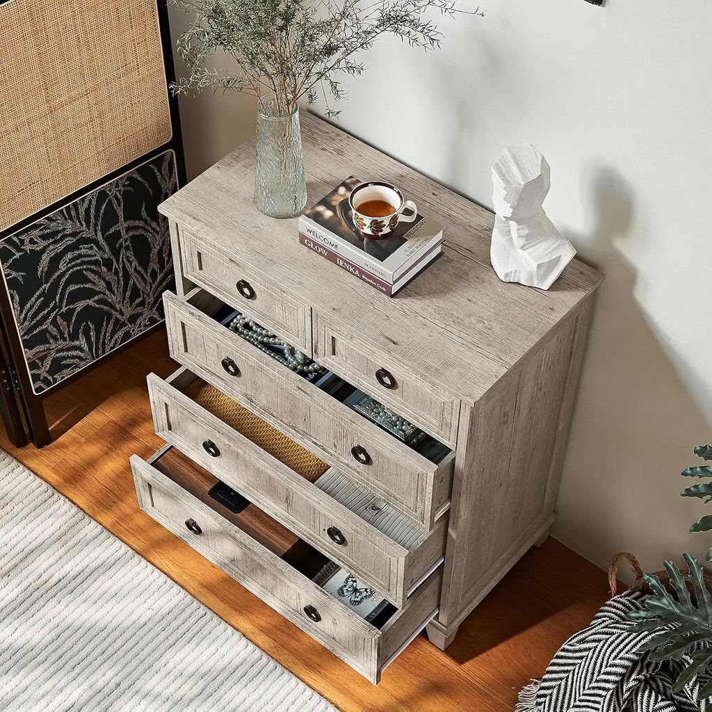 Joaxswe Farmhouse 5 Drawer Dresser for Bedroom, 33.2' Tall Small Dressers & Chest of Drawers, Rustic Wood Dresser with Metal Handle, Storage Organizer Closet for Living Room, Hallway,Entryway