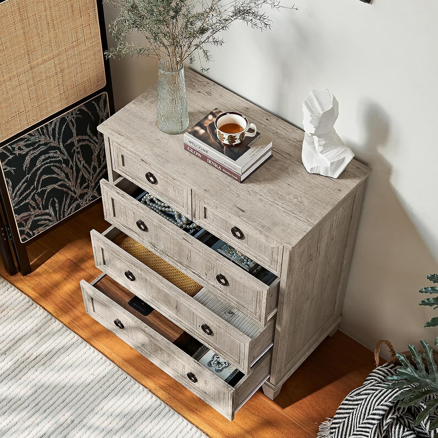 Joaxswe Farmhouse 5 Drawer Dresser for Bedroom, 33.2' Tall Small Dressers & Chest of Drawers, Rustic Wood Dresser with Metal Handle, Storage Organizer Closet for Living Room, Hallway,Entryway