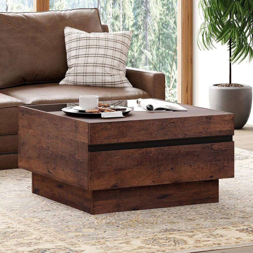 WAMPAT Modern Coffee Table, Square Living Room Coffee Table with Tempered Glass Top and Two Large Storage Drawers, 31.5'x 31.5', Brown