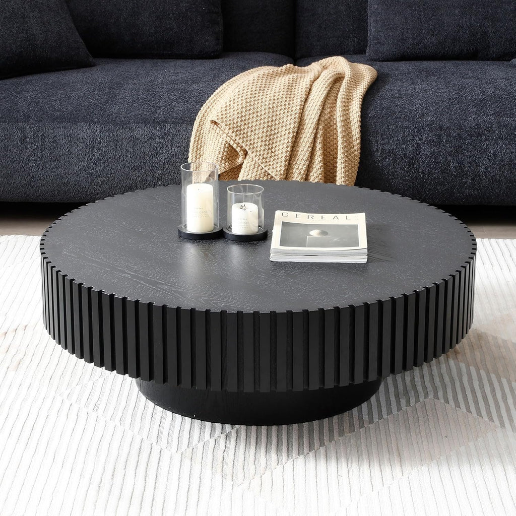 Black Round Coffee Table Pedestal Circle Coffee Table for Living Room Contemporary Fluted Table for Apartment Easy Assembly ø35.43'', Black