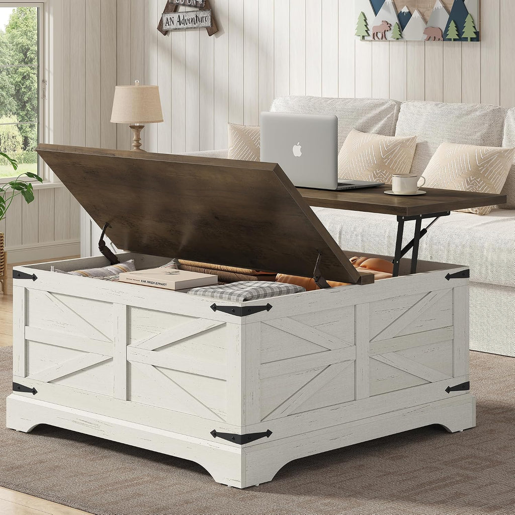 Furnideco 35.5''W Square Coffee Table Farmhouse Lift top Coffee Table with Large Hidden Storage, Wood Center Table for Living Room, Home Office, Brown Top