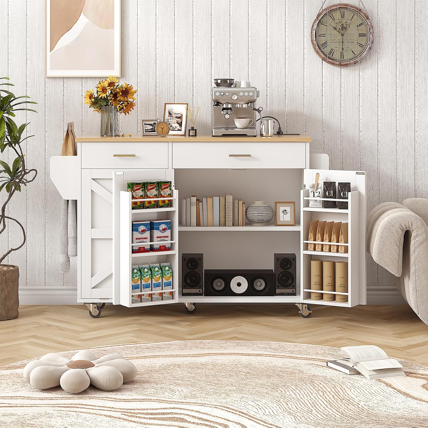 VVFLU 51.8' Kitchen Island Cart with Trash Can Storage, Kitchen Island on Wheels with Power Outlet & Drop Leaf, Rolling Kitchen Cart with Towel Rack & Spice Rack, Mobile Islands Table for Kitchen