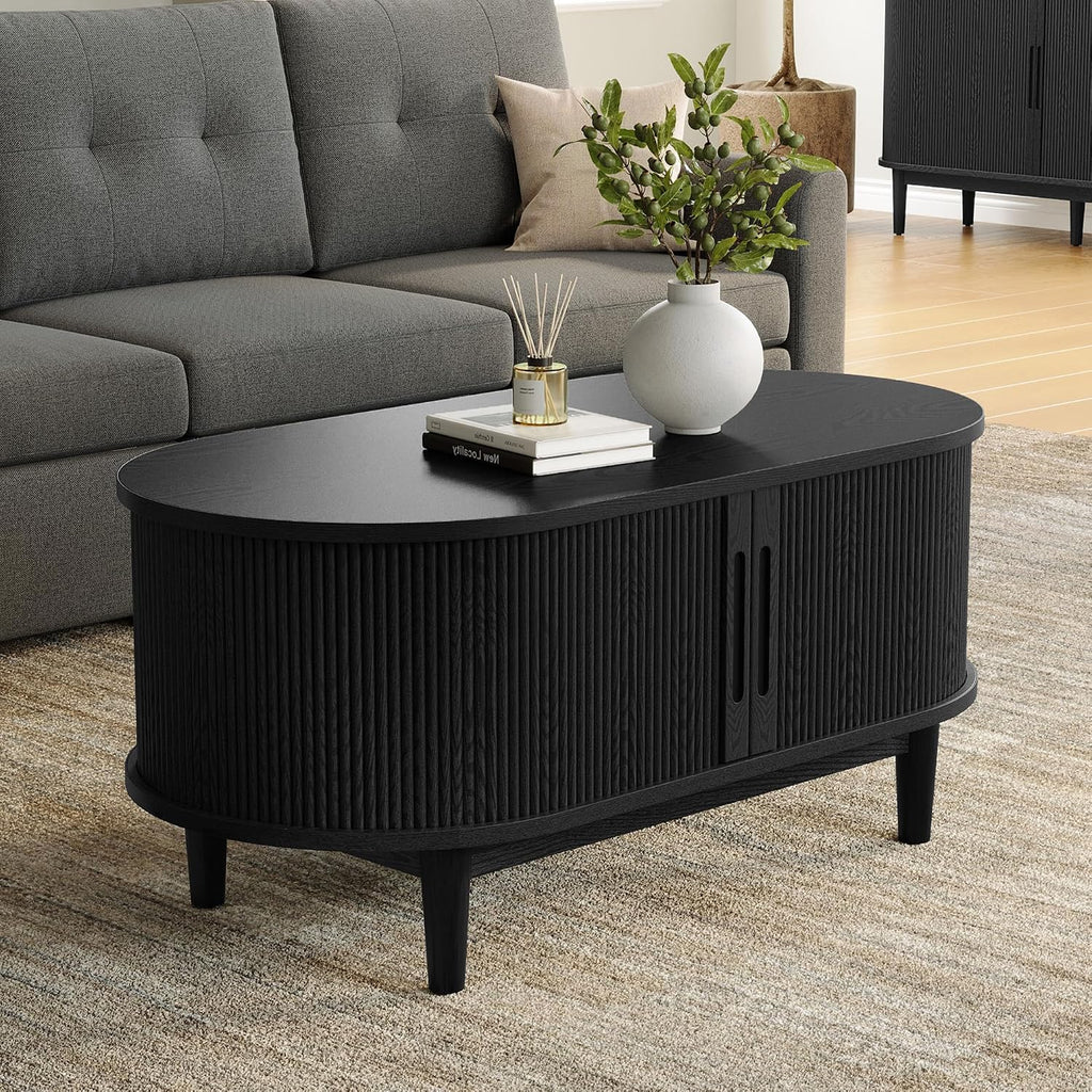 LINSY HOME Round Coffee Table, 31.5' Drum Coffee Table with Sliding Tambour Door, Fluted Accent Center Table with Storage, Mid Century Modern Coffee Table for Living Room (Oval Black)
