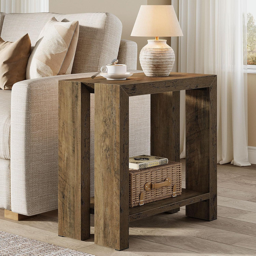 Tribesigns 2-Tier Narrow Side Table Set of 2, Farmhouse Wooden Sofa End Table with Bottom Shelf, Skinny Accent Nightstand for Small Space, Living Room, Bedroom, Easy Assembly (2)