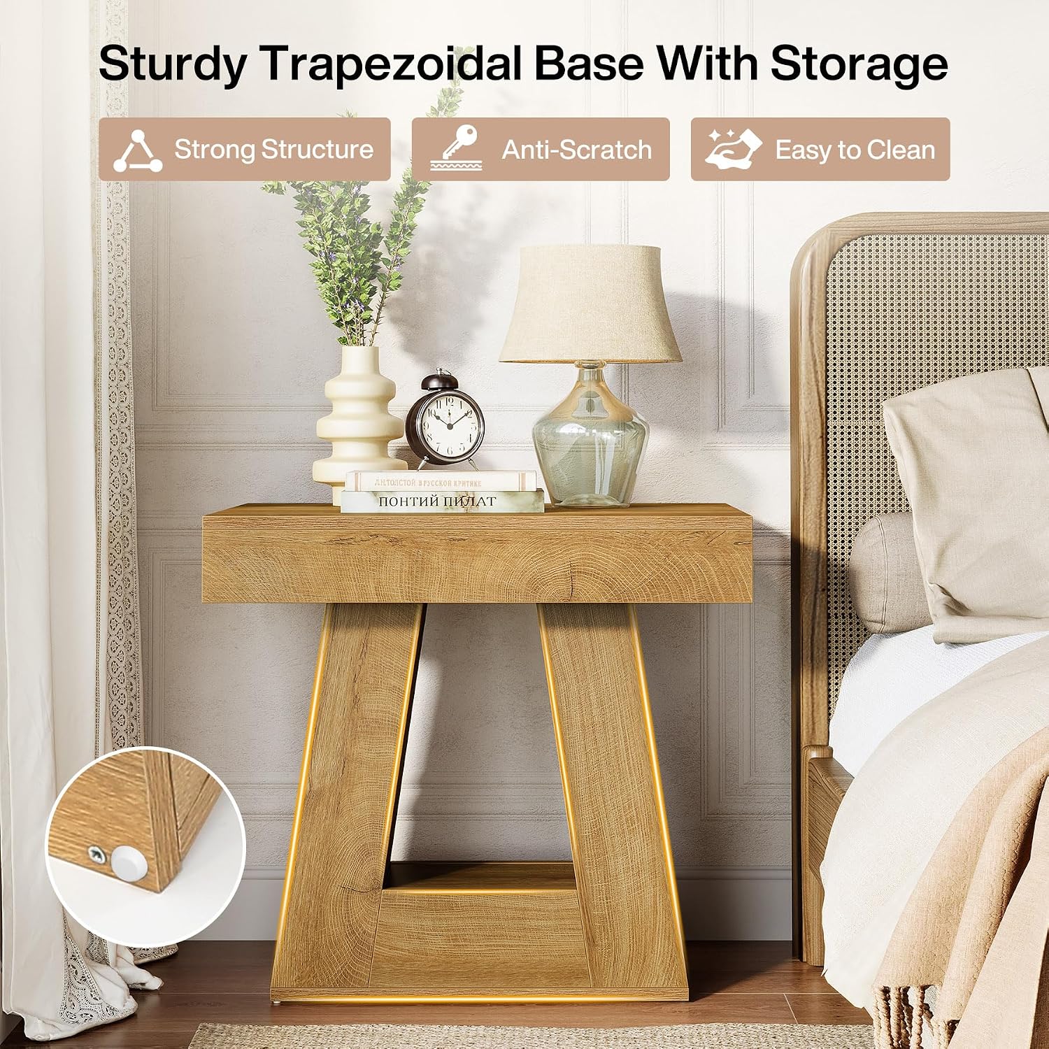 Tribesigns 24' Modern Side Table Set of 2, 2-Tier Narrow Wooden End Table with Trapezoid Base, Farmhouse Small Nightstand for Living Room, Bedroom (Natural Wood Color)