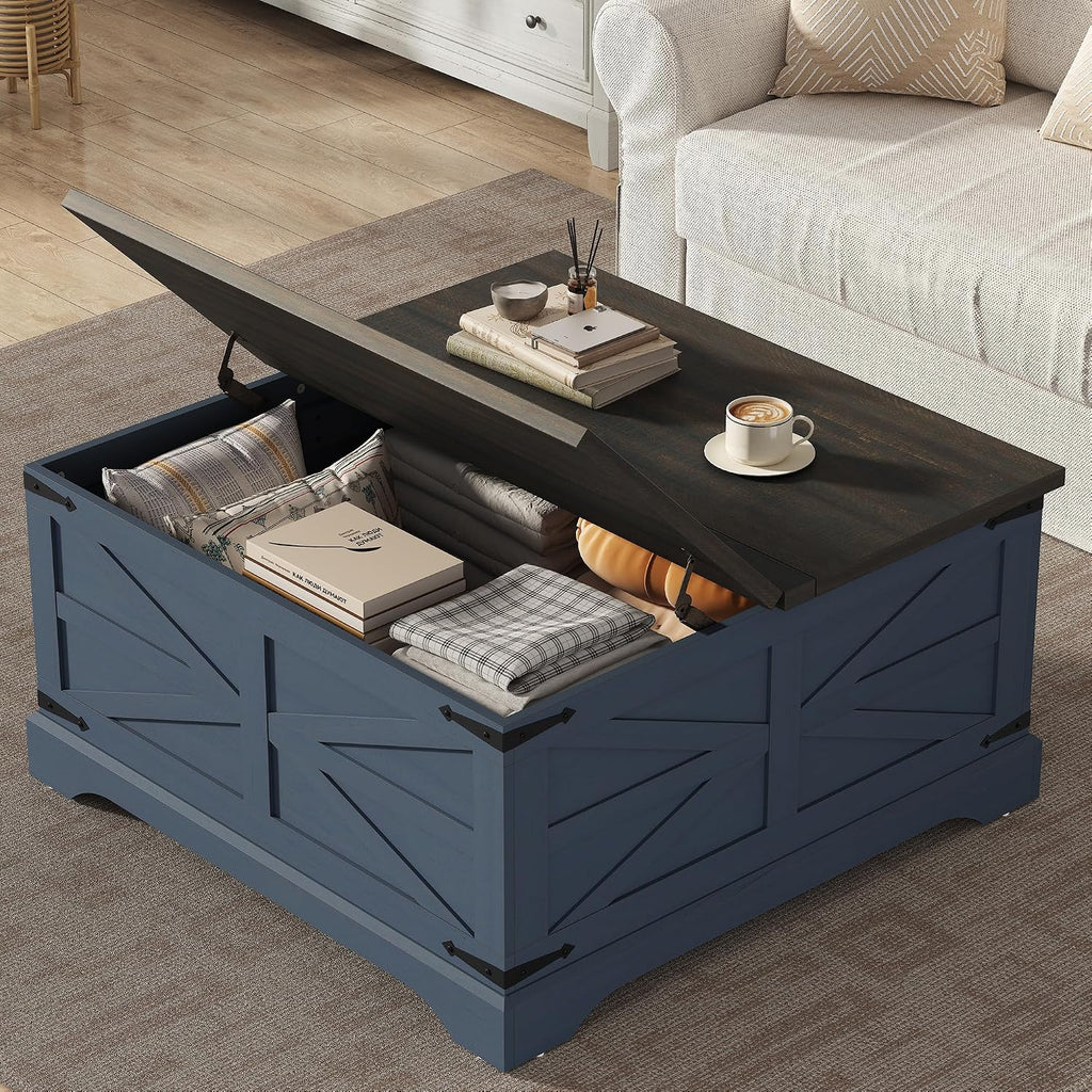 Furnideco 35.5''W Square Coffee Table Farmhouse Lift top Coffee Table with Large Hidden Storage, Wood Center Table for Living Room, Home Office, Blue