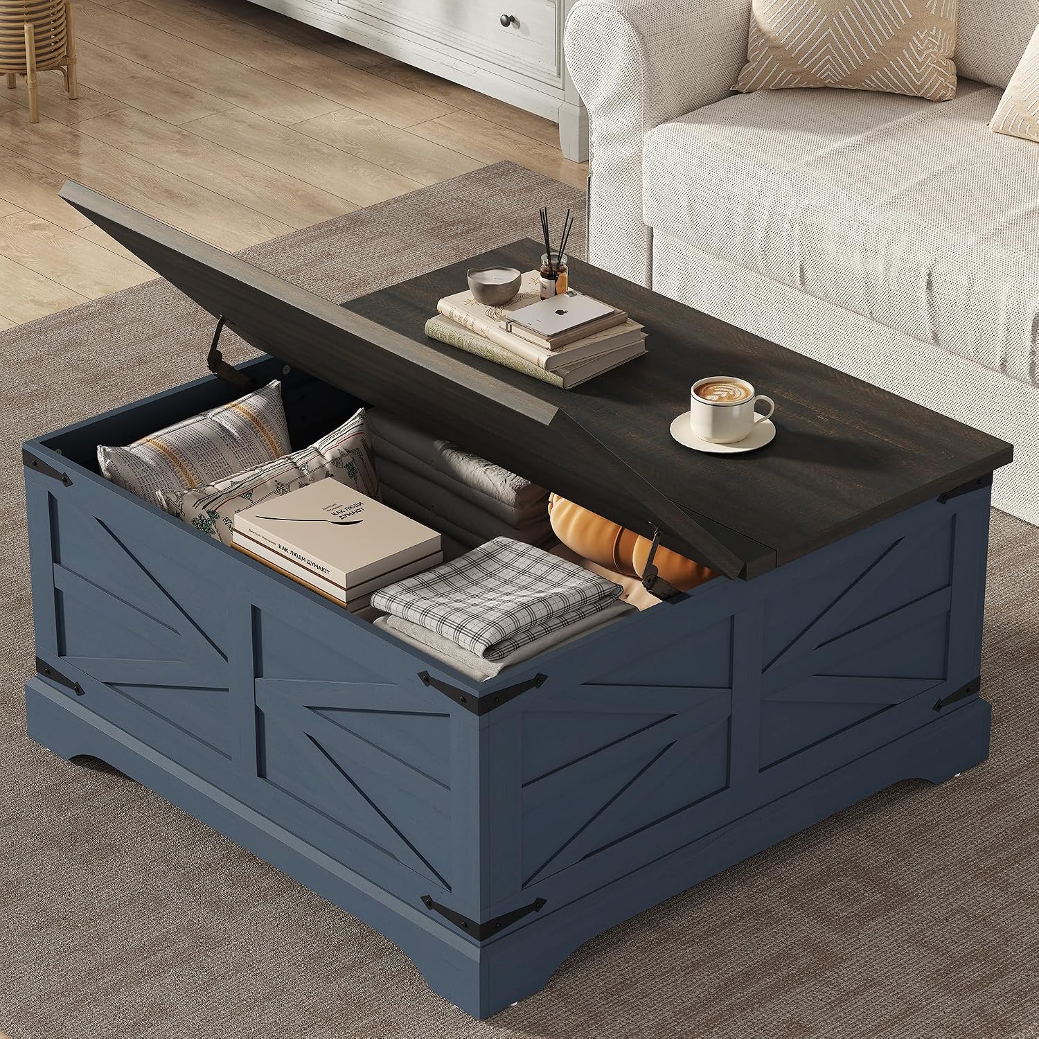 Furnideco 35.5''W Square Coffee Table Farmhouse Lift top Coffee Table with Large Hidden Storage, Wood Center Table for Living Room, Home Office, Blue