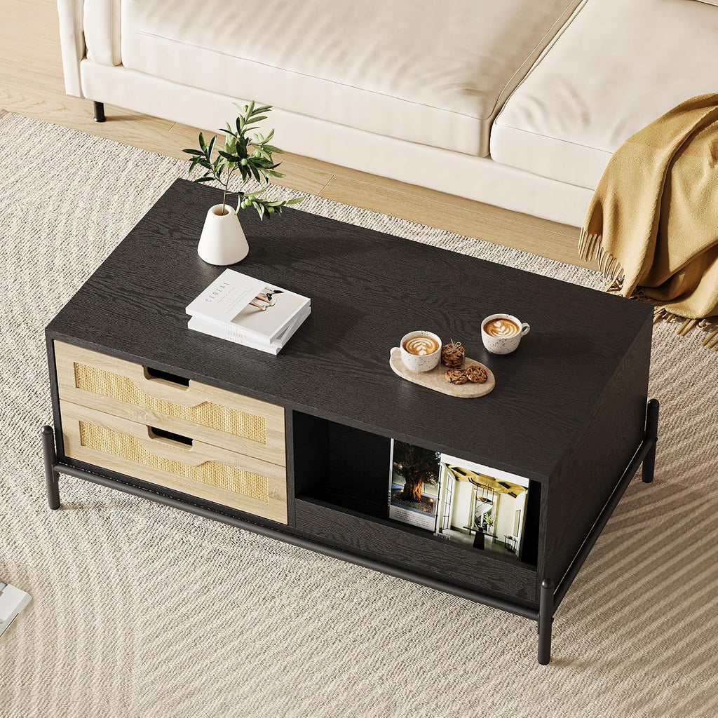 GarveeHome 40.7' Coffee Table with LED Lights for Living Room, Modern Coffee Tables with 4 Drawers and Open Storage Shelf, Farmhouse Coffee Table with Study Metal Legs，Black+Oak