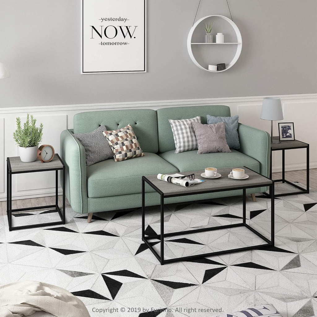 Furinno Camus Modern Living Room Coffee Table with 2 End Tables Set, French Oak Grey