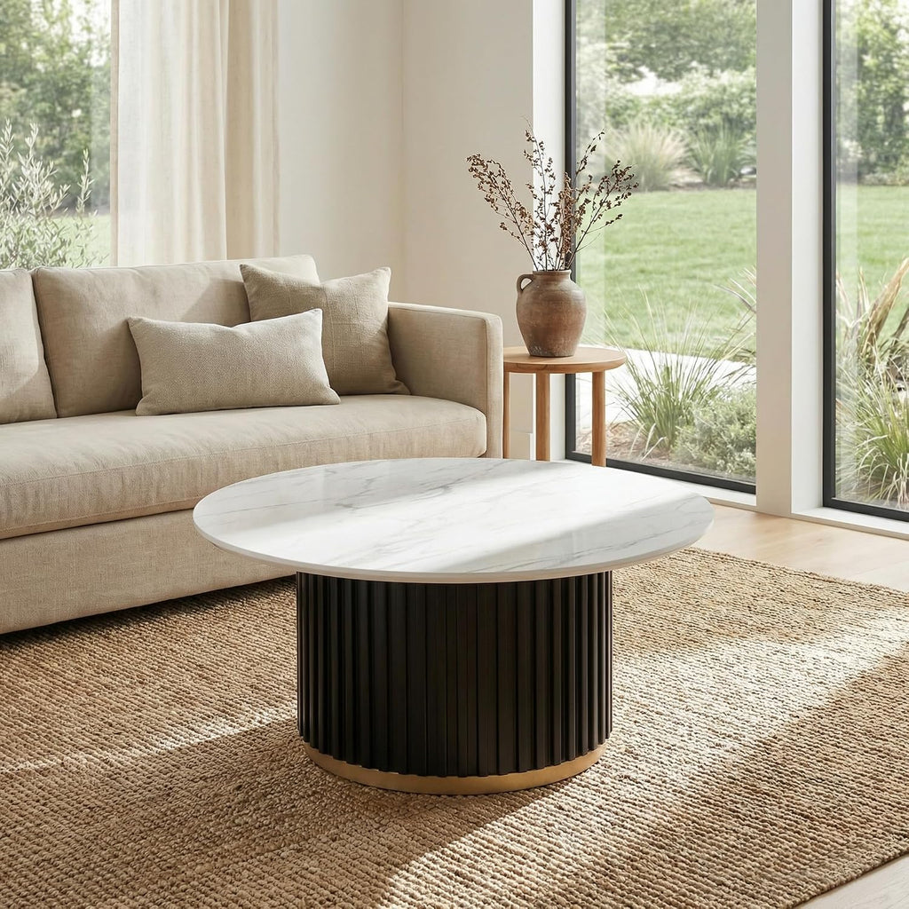 Modern Round Coffee Table with Fluted Pedestal Circle Coffee Table with Faux Marble Tabletop for Bedroom,Apartment,Living Room White