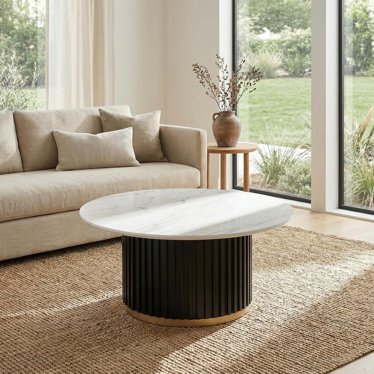Modern Round Coffee Table with Fluted Pedestal Circle Coffee Table with Faux Marble Tabletop for Bedroom,Apartment,Living Room White