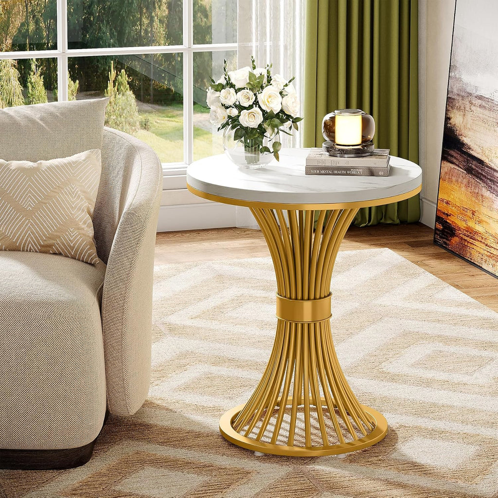 Tribesigns Round End Table, Modern Faux Marble Side Table with Gold Metal Base, Small White Gold Bedside Nightstand, Wooden Accent Table for Living Room, Bedroom, Sofa Side, White & Gold