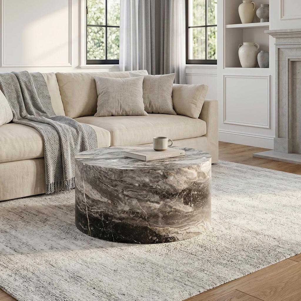 Round Coffee Table Living Room Table - Modern Faux Marble Design with Wood Accents in Grey,No Assembly Required - Ready to Use,Space-Saving