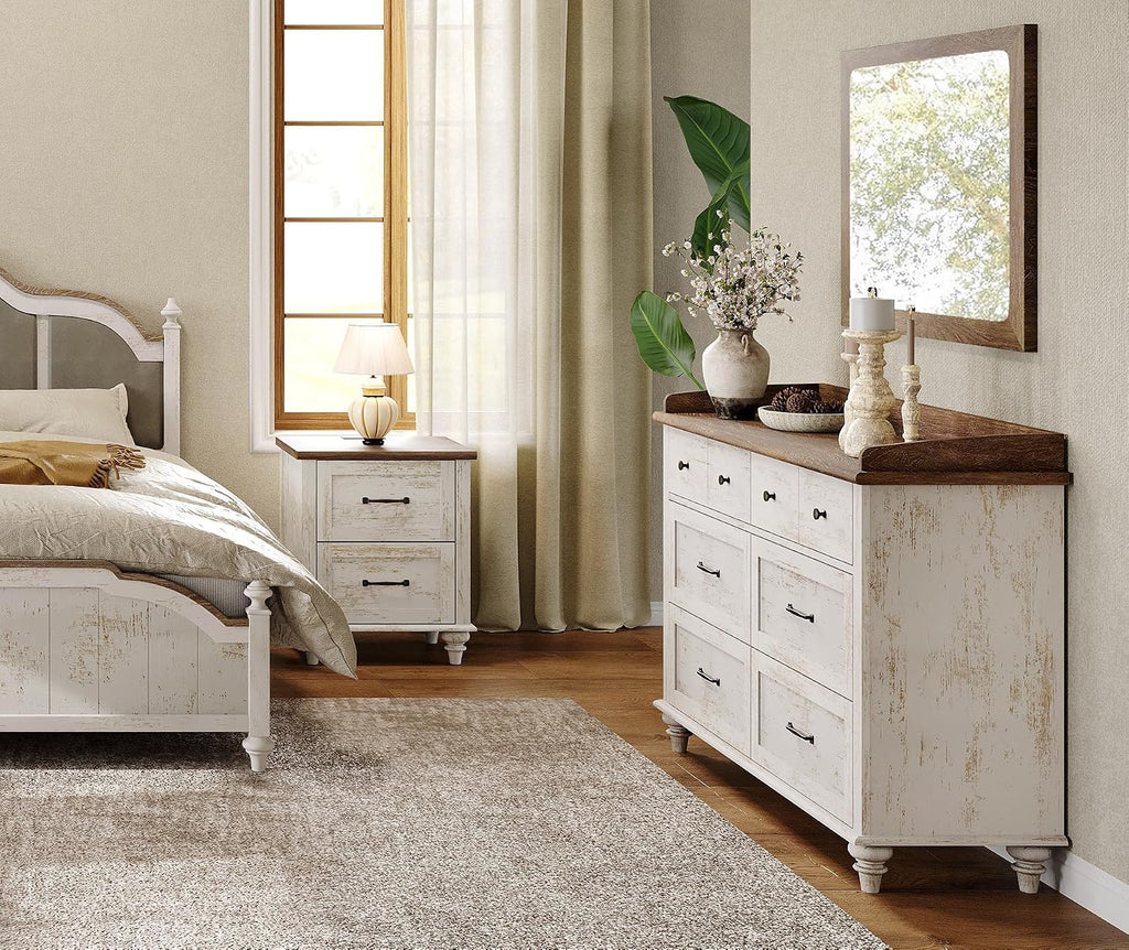 WAMPAT Antique White Side Table Nightstand with Charging Station, Wood End Table with 2 Drawers for Living Room, Rustic Night Stand Farmhouse Bedside Table for Bedroom, Kids Room