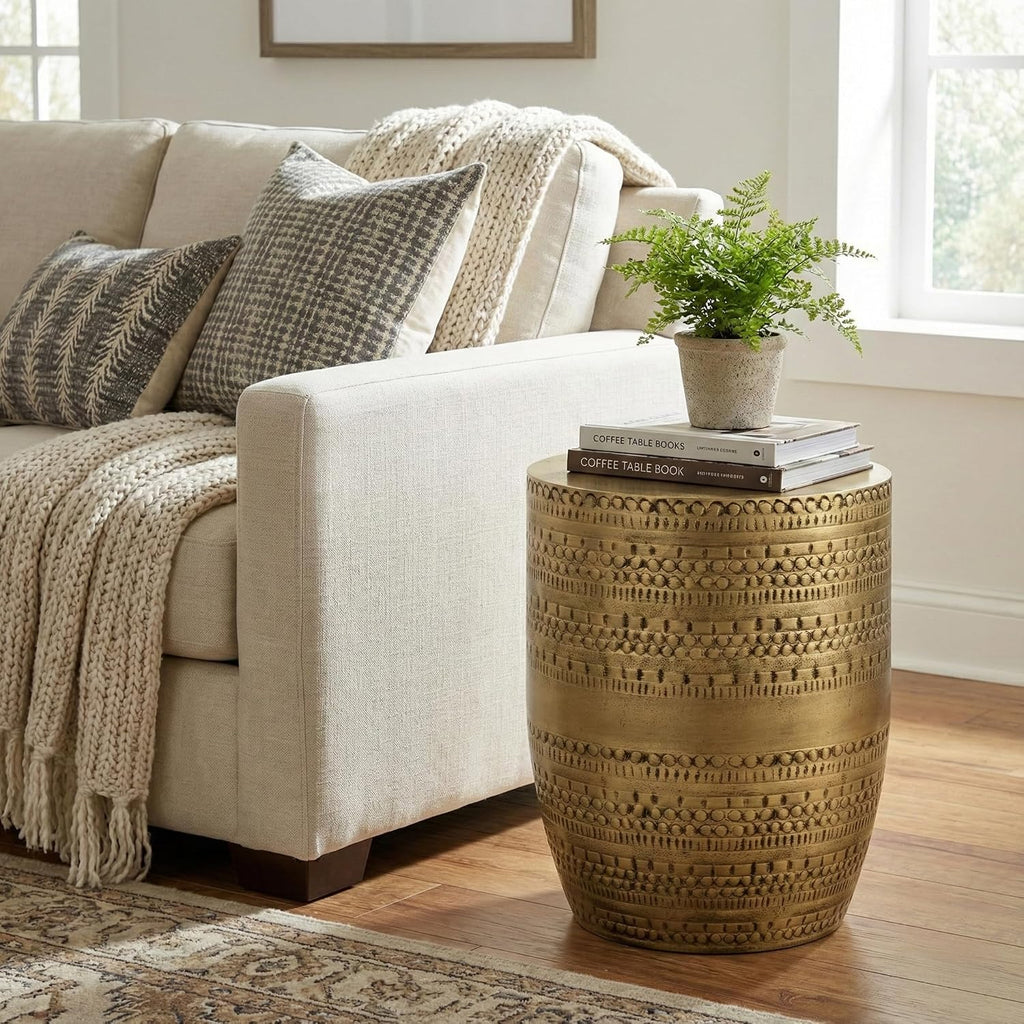SIMPLIHOME Johnsen Tribal Accent Table – 15 inch Wide Round Metal Drum Table in Burnished Gold, Boho Modern Side Table for Living Room with Embossed Tribal Pattern, Assembled
