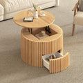 Round Lift Top Coffee Table, 29.8' Modern Fluted Wood Circle Table with Hidden Storage Drawer, Natural Solid Wood & MDF Cylinder Side Table for Living Room Bedroom Small Space